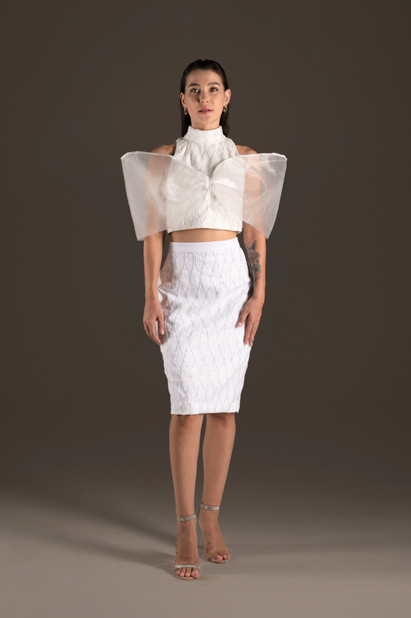 Ivory Tulle Bow Sleeve Two-Piece Pencil Dress