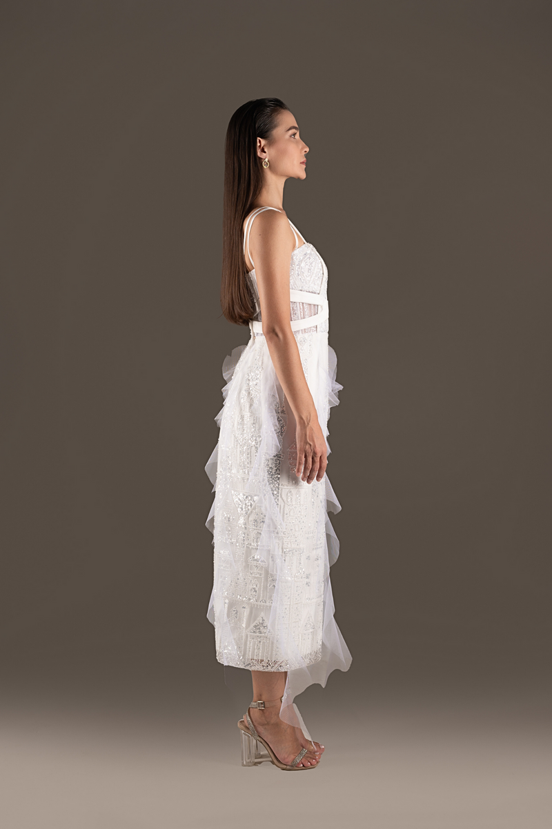 Ivory Sequin Draped Tulle Midi Slip Dress