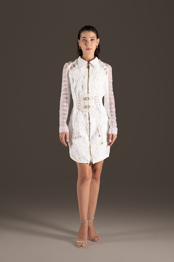 Ivory Lace Ruffle Sleeve Belted Mini Dress