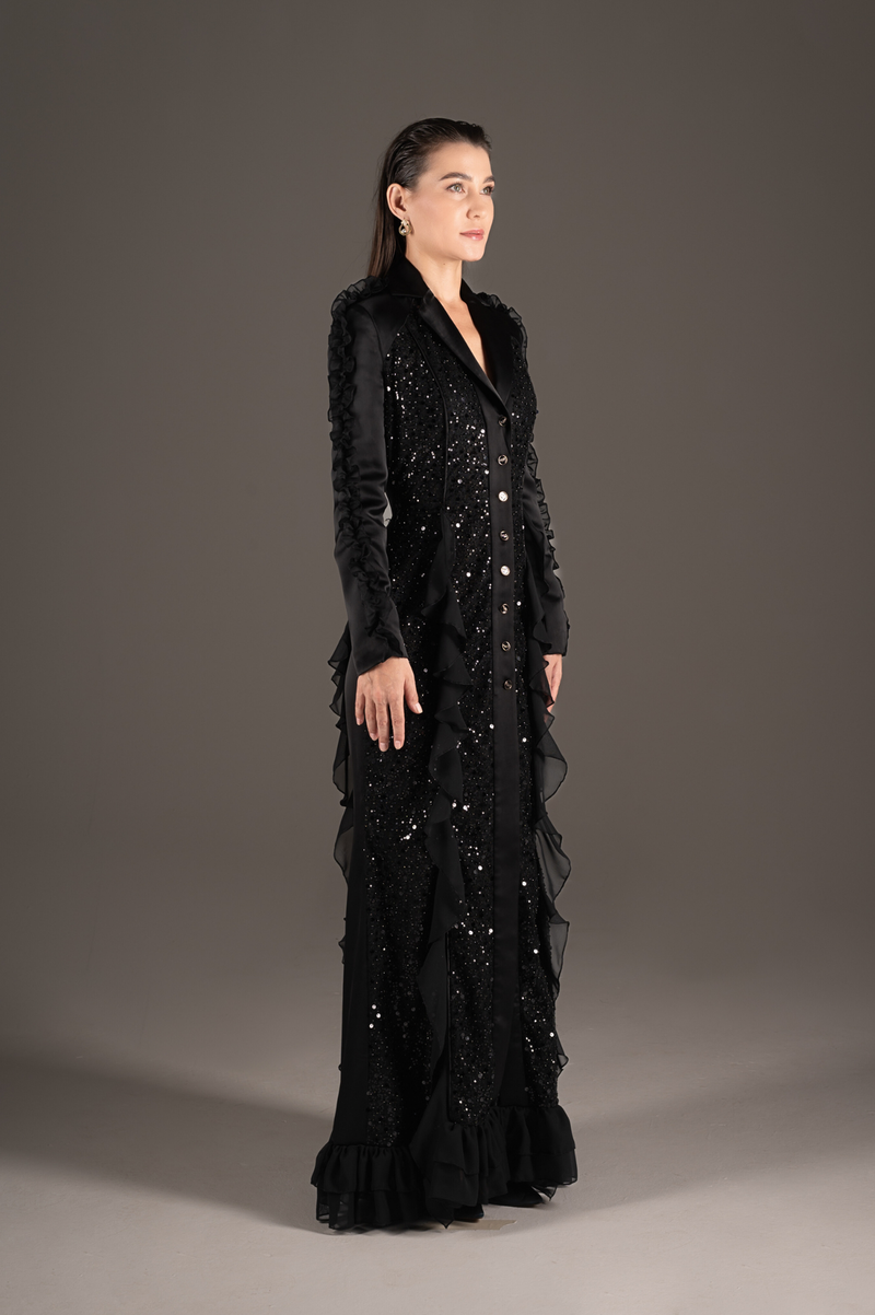 Midnight Sequin Ruffle Tuxedo Gown