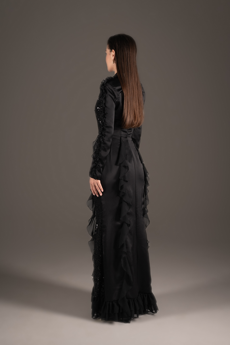 Midnight Sequin Ruffle Tuxedo Gown
