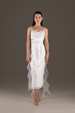 Ivory Sequin Draped Tulle Midi Slip Dress