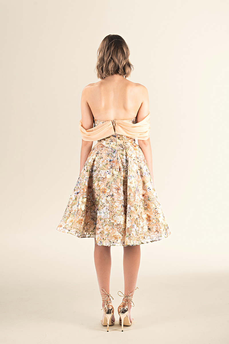 Golden Floral Off-Shoulder A-Line Dress