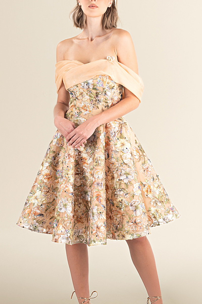 Golden Floral Off-Shoulder A-Line Dress