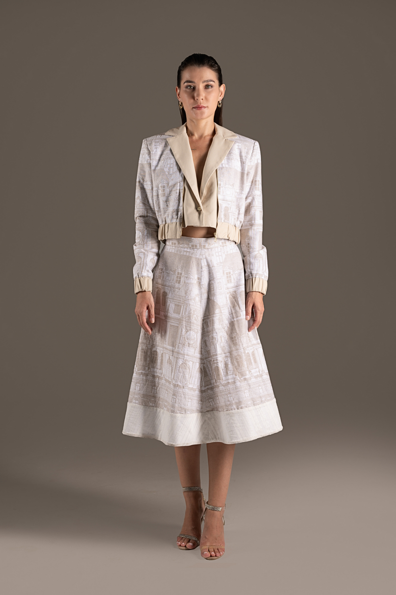 Cream Fitted Jacket A Line Midi Skirt Ensemble Natacha Van