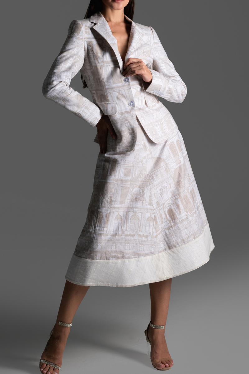 Cream Print Blazer Jacket and A-Line Midi Skirt Set