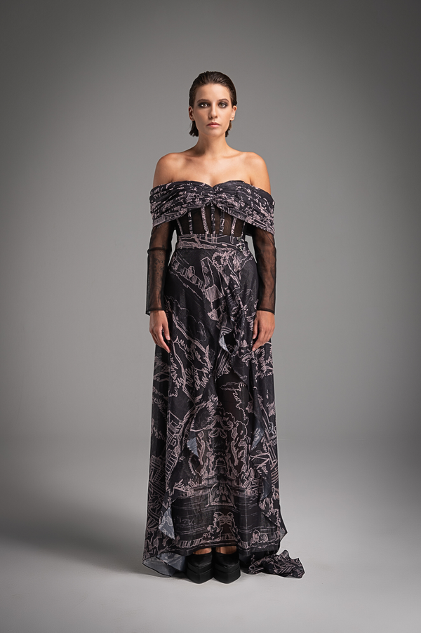 Charcoal Iconic Print Off-Shoulder Dress