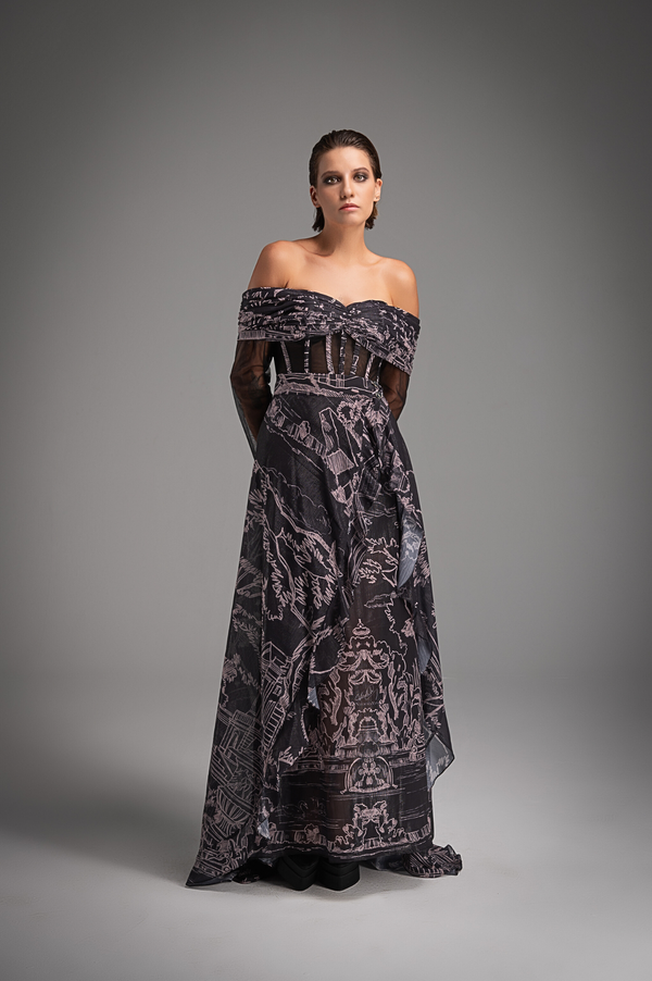 Charcoal Iconic Print Off-Shoulder Dress
