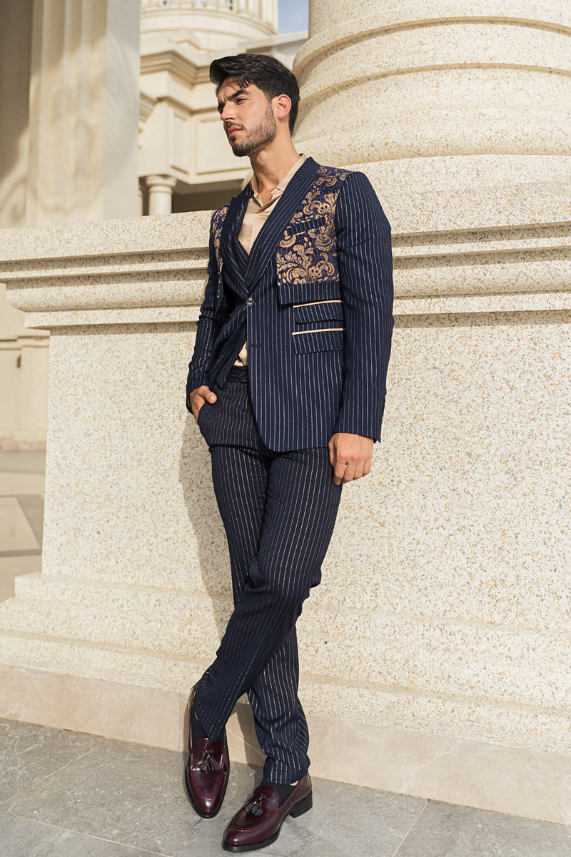 Pinstripe Elegance with Floral Accent Suit