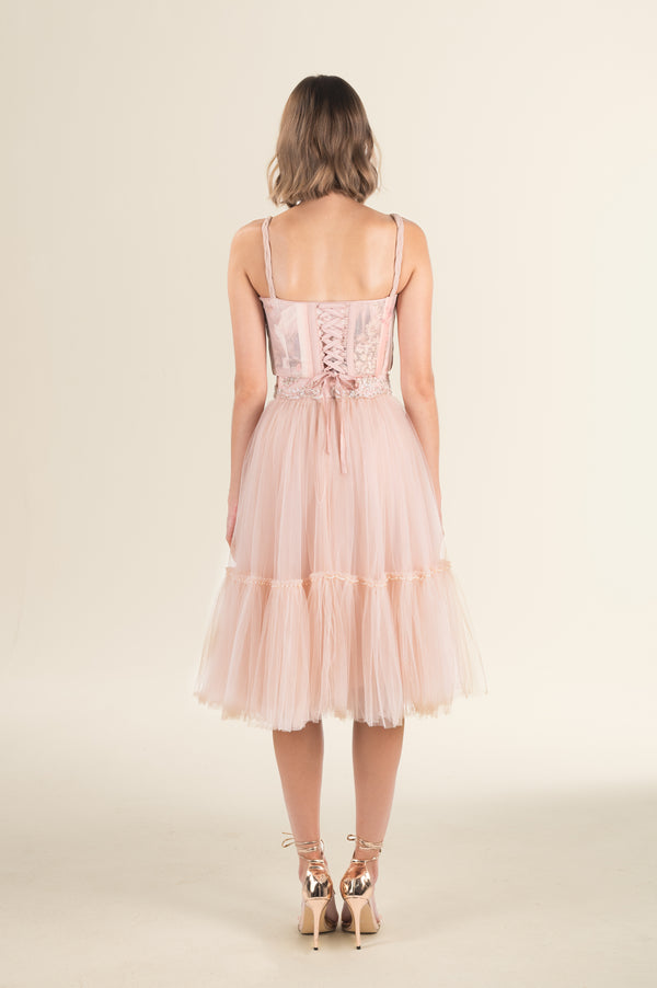 Blush Tulle Embellished Belted Midi Dress